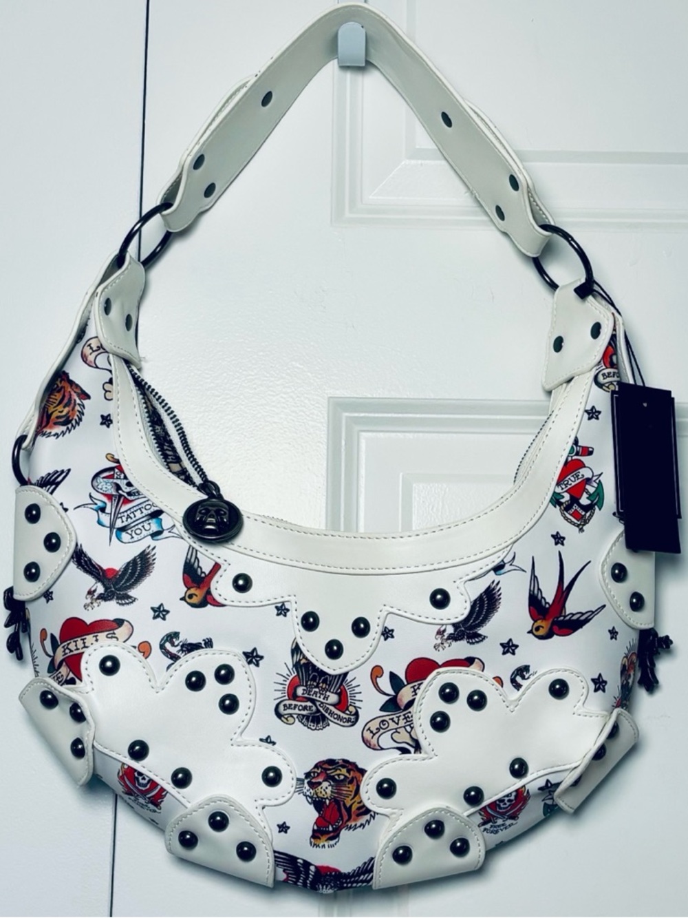 ED HARDY White “Death Before Dishonor” Graffiti Tattoo Studded Shoulder Handbag